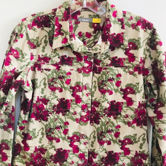 Cabelas Green & Burgundy Floral Flannel shirt - Picture 2 of 6